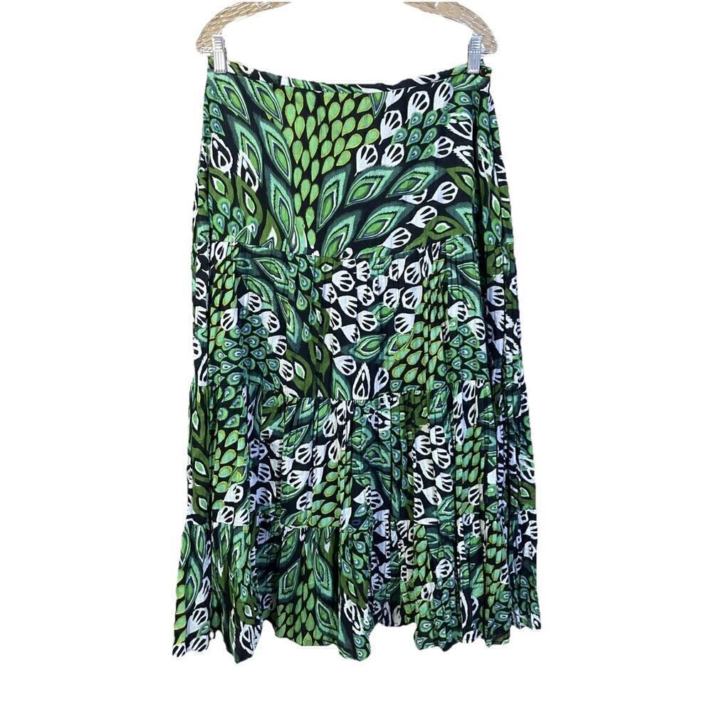 New Directions Tiered Skirt Floral Peacock Green Maxi Sz L Cotton Boho Festival